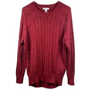 Athleta Red Silver Metallic Thread Long Sleeve Pullover CableKnit Sweater Size S